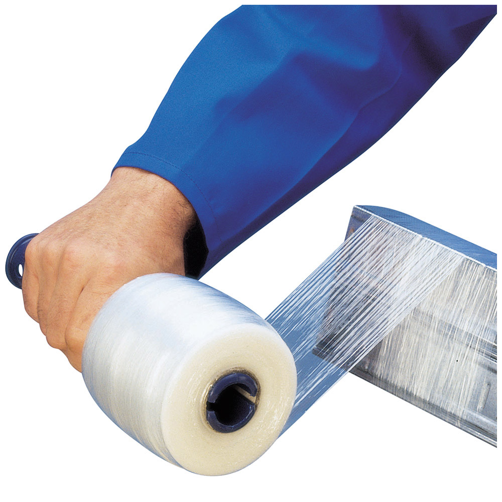 HAND-STRETCHFOLIE 100 MM BREIT 20MY STARK 150 METER LANG INKL. 1 ABROLLER